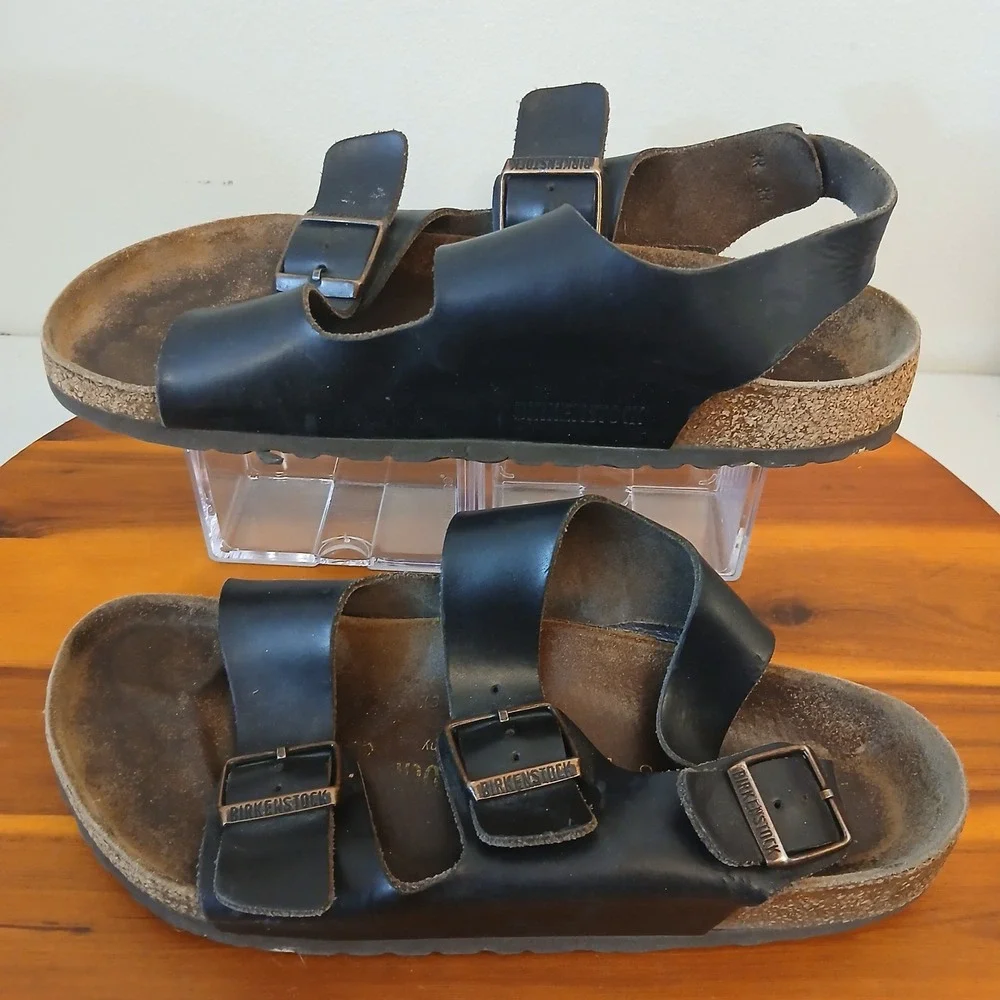 Birkenstock Milano Sandals Mens 41 Black Birko-Flor Strappy Cork Footbed